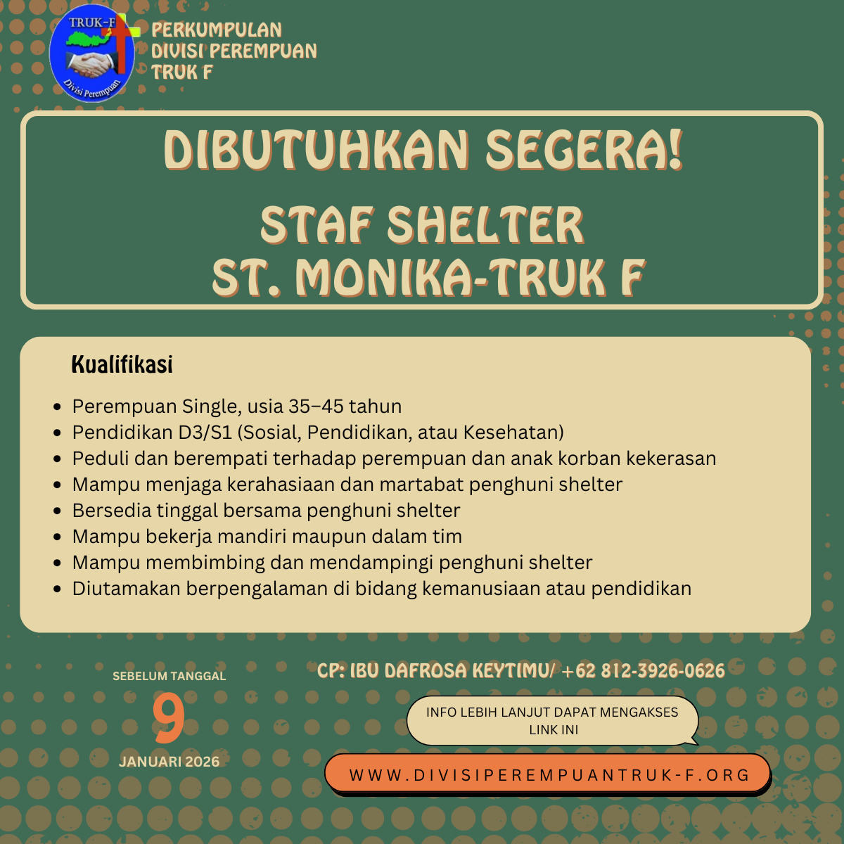 Lowongan Kerja Staf Shelter St Monika-TRUK F